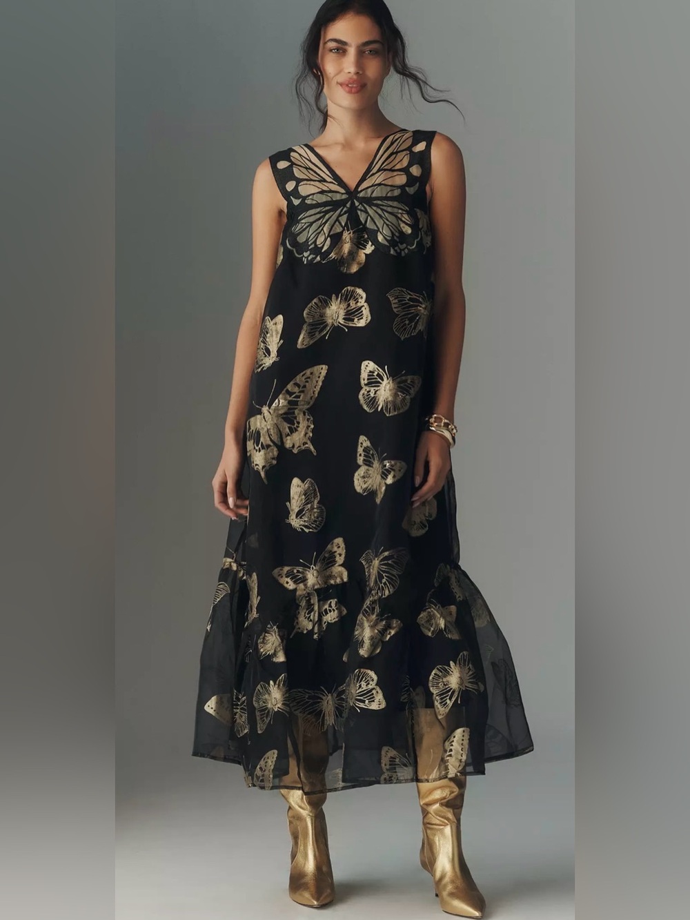 Anthropologie Black Dress with Gold Butterfly Print